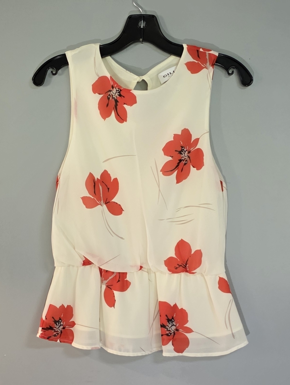 Gilli Cream Sleeveless Peplum Top with Red Floral Print